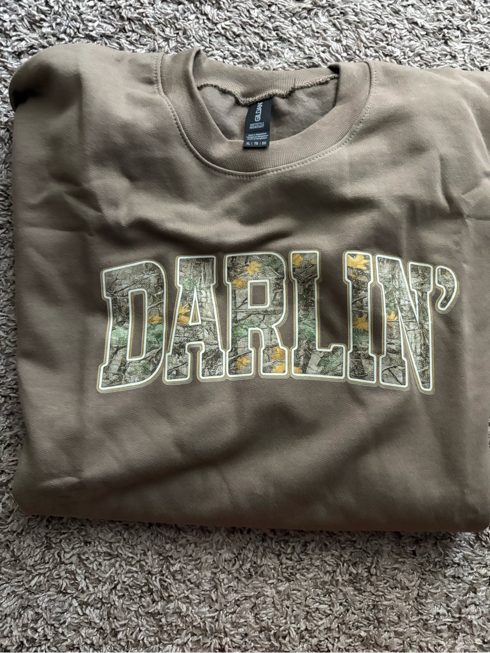 Gildan Brown Crewneck Sweater with CAMO "DARLIN'" Graphic